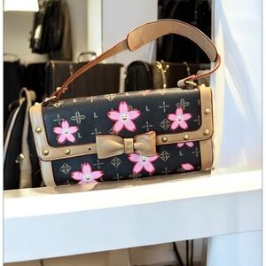 Floral Black and Pink Designer Handbag, w/ flaws pointed out in photos